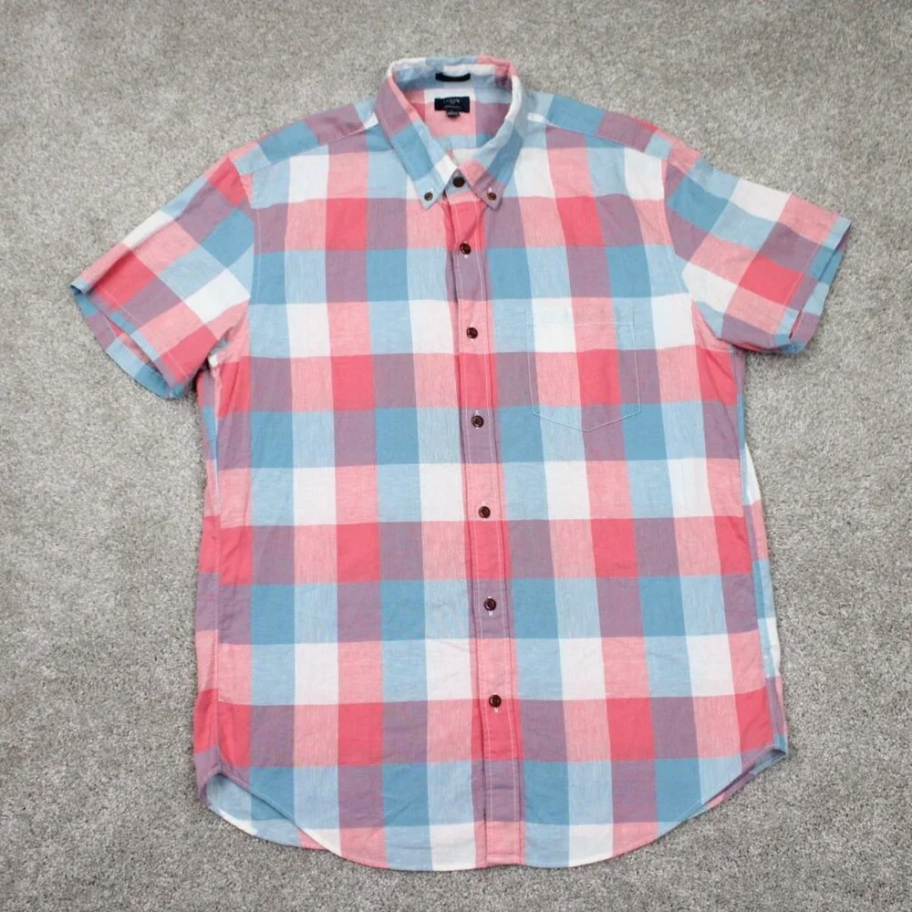 J. Crew Cotton/Linen Shirt Mens Large Pink/Blue/White Slim Fit S/S Button Preppy